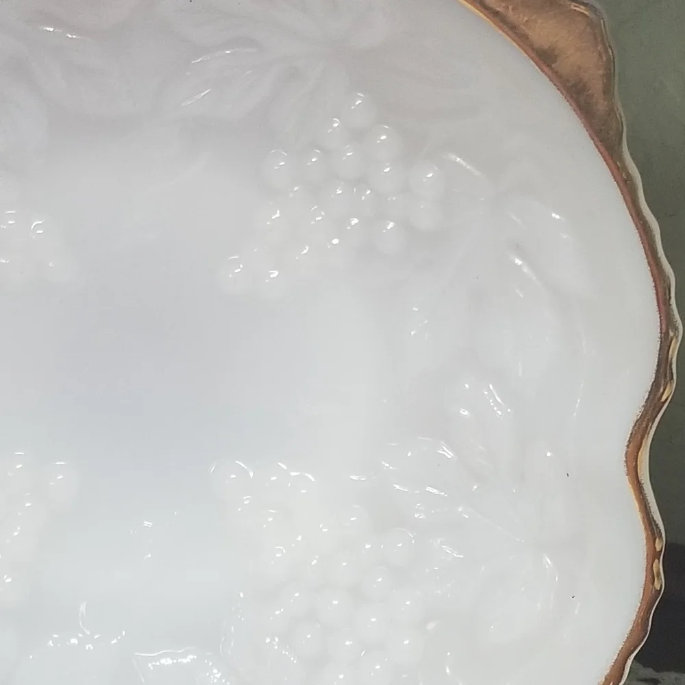 Vintage Anchor Hocking Milk Glass Grape Bowl Gold Trim Pedestal